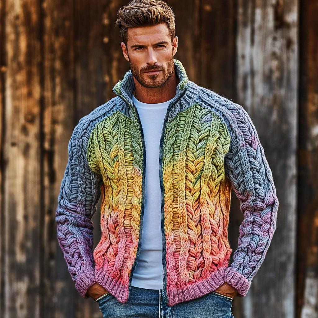 Men's Vintage Rainbow Cable Knit Gradient Cozy Sweater elevenforest
