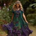 Women's Retro Purple Rose Pattern Gradient Short Sleeve Dress elevenforest