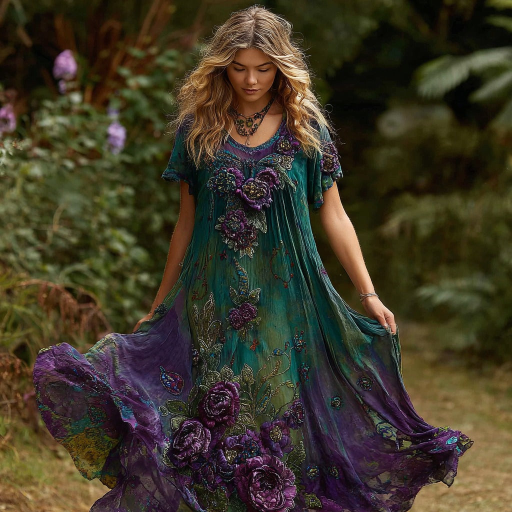 Women's Retro Purple Rose Pattern Gradient Short Sleeve Dress elevenforest