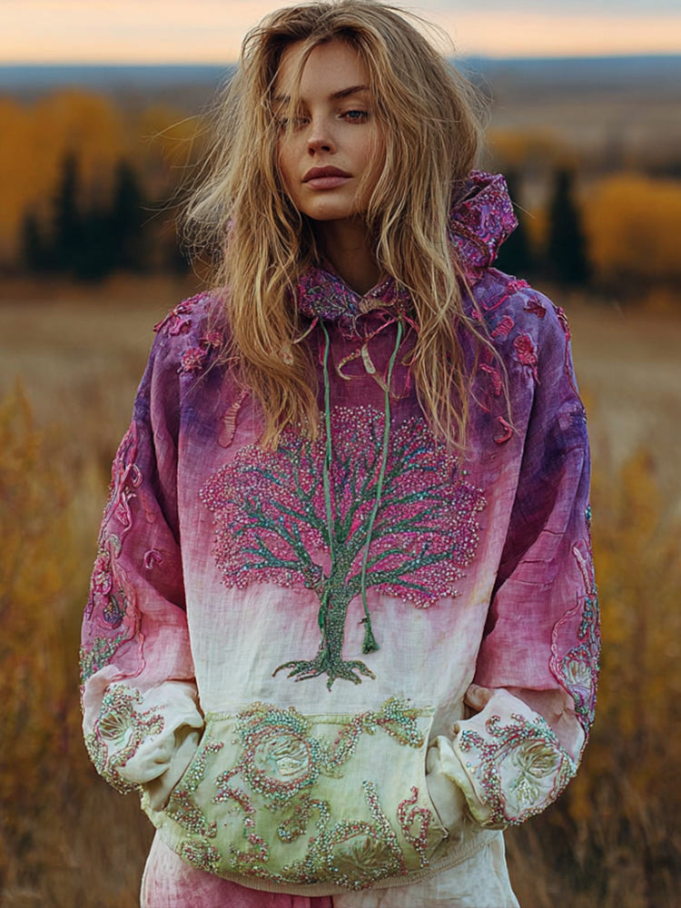 Ladies' Plant Embroidery Tie-dye Vintage Casual Hooded Sweater elevenforest