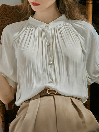 Loose Puff Sleeves Buttoned Pleated Round-neck Blouses&shirts Tops