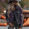 Vintage Halloween Black And Purple Rose Gothic Art Denim Jacket elevenforest