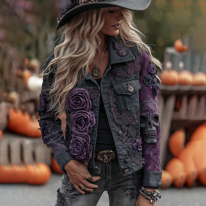 Vintage Halloween Black And Purple Rose Gothic Art Denim Jacket elevenforest