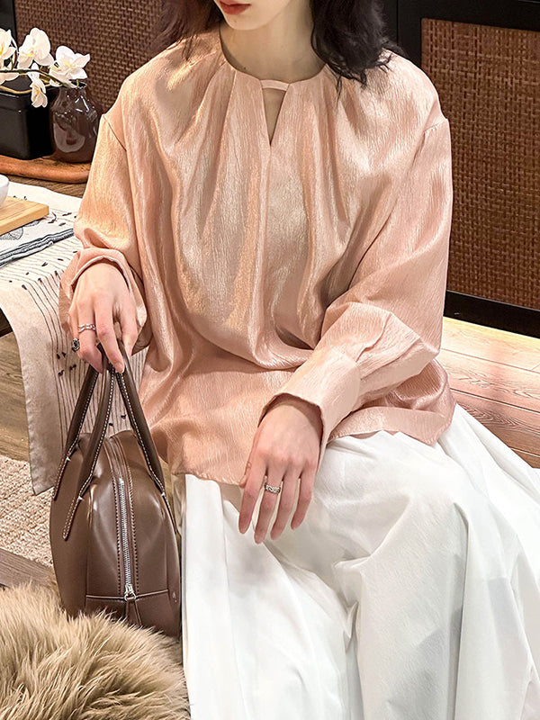 Long Sleeves Loose Hollow Shiny Color Round-neck Blouses&shirts Tops