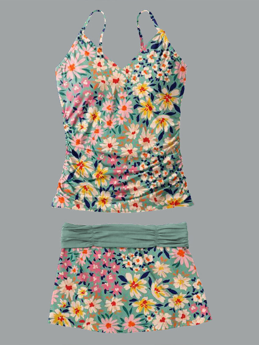 V-Neck Vintage Flowers Print Suspender Skirt Tankini Pantskirt Set Swimsuit