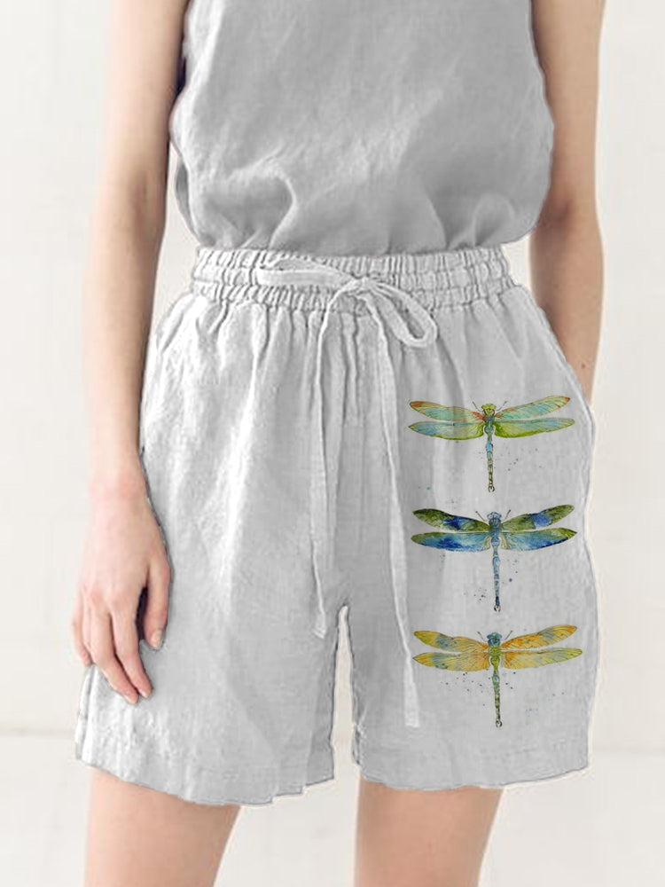 Women's Casual Watercolor Dragonfly Cotton Blend Print Short elevenforest