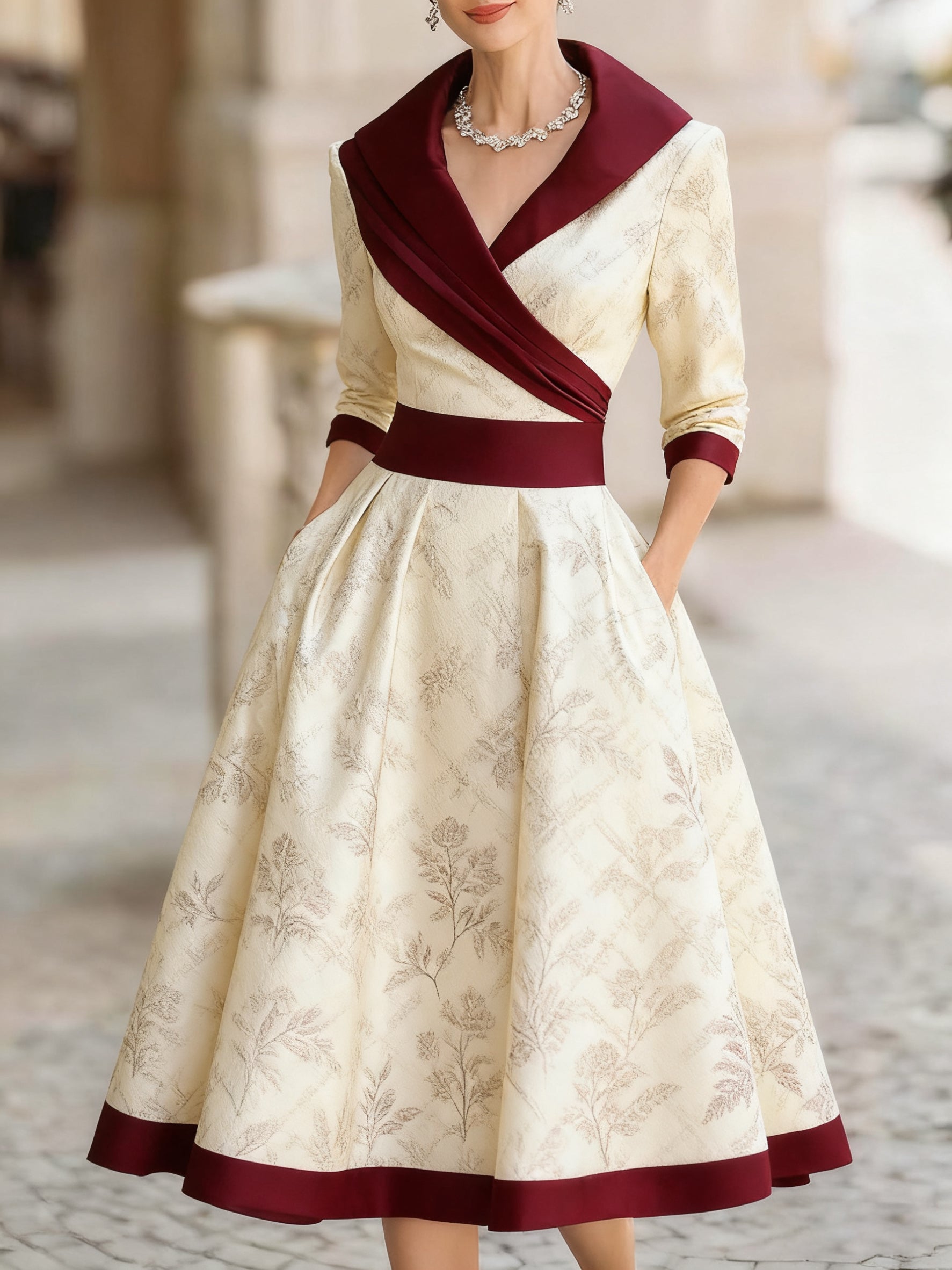 Women's retro cold jacquard print medium and long dress