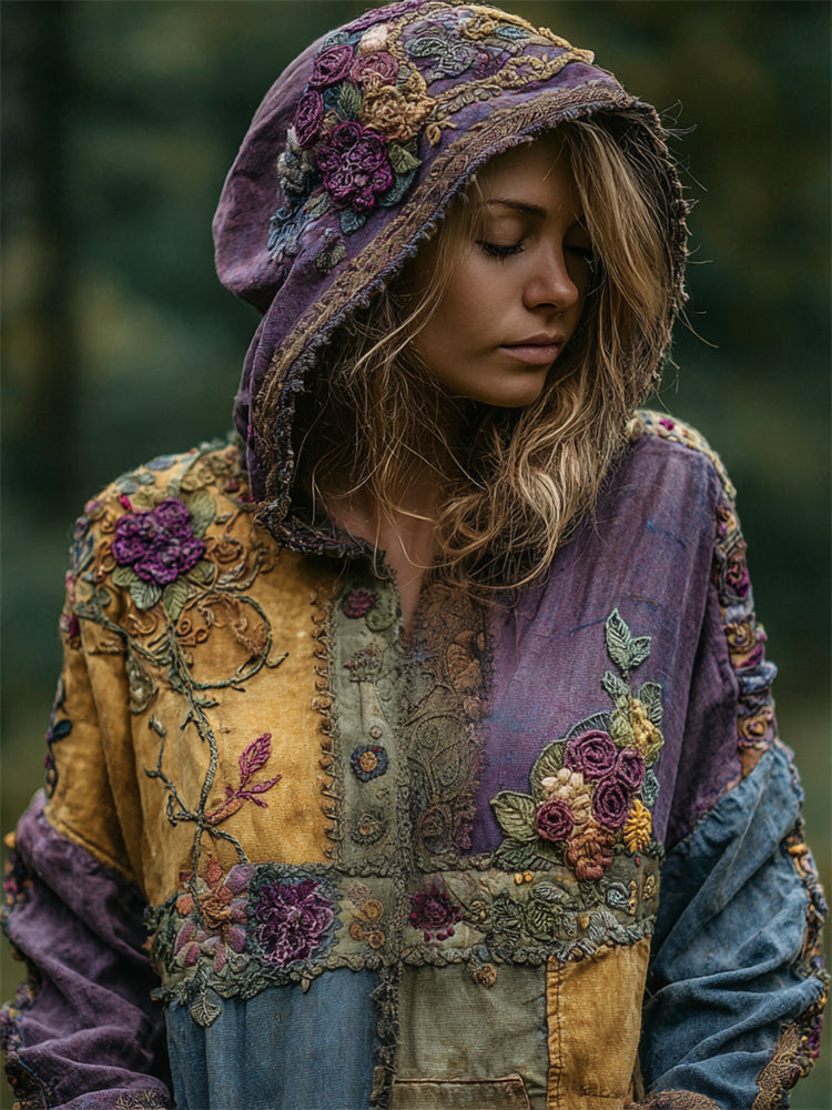 Vintage Boho Floral Embroidered Colorblock Stitched Hoodie elevenforest