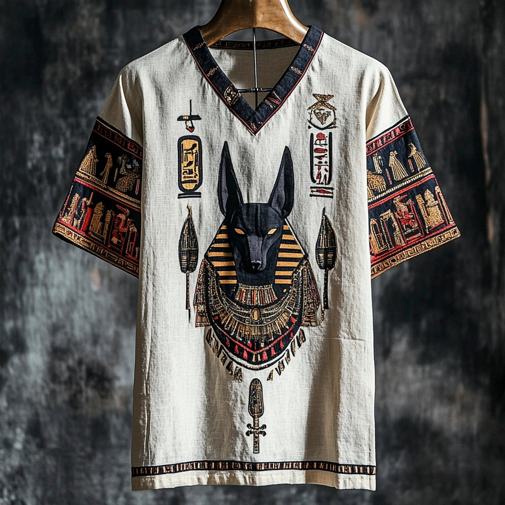 Vintage Egyptian Anubis Totem Men's Linen Short Sleeve Shirt elevenforest