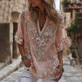 Women's Vintage Pink Flowers Embroidered Art V-neck Short Sleeve T-shirt elevenforest