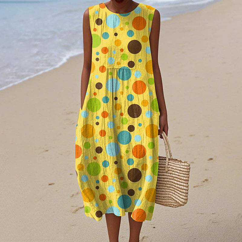 Comstylish Women's Polka Dot Art Print Crew Neck Tank Midi Dress
