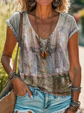 Lace-up Art Print 100% Cotton V-Neck T-Shirt