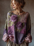Vintage Purple Roses Boho Patchwork Linen Tunic elevenforest