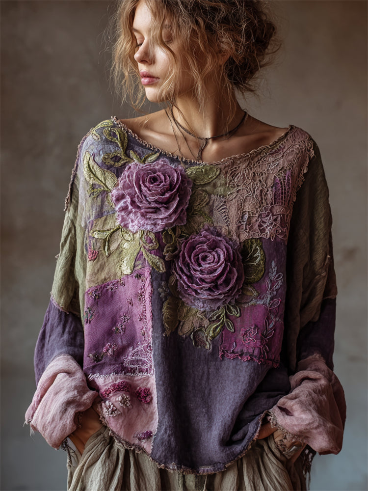 Vintage Purple Roses Boho Patchwork Linen Tunic elevenforest