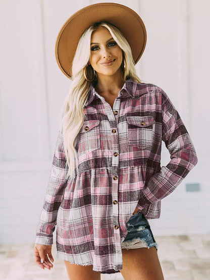 Loose Checkered Lapel Blouses&shirts Tops