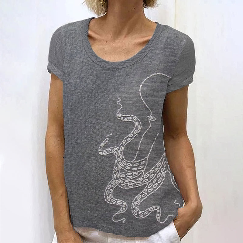 Ocean Octopus Embroidery Art Cotton And Linen T-Shirt elevenforest