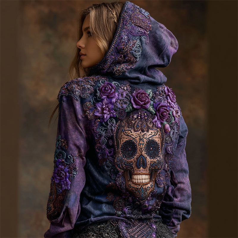 Day Of The Dead Sugar Skull Roses Fiber Art Beaded Dyed Hoodie elevenforest