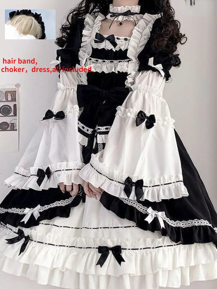 Contrast Color Japanese Dress Ruffled Patchwork High Waist Fairy Robe Y2k Aesthetic Sweet Dresses Vestido De Mujer
