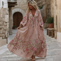 Women's Bohemian Pink Floral Embroidered Art V-neck Long Sleeve Midi Dress elevenforest