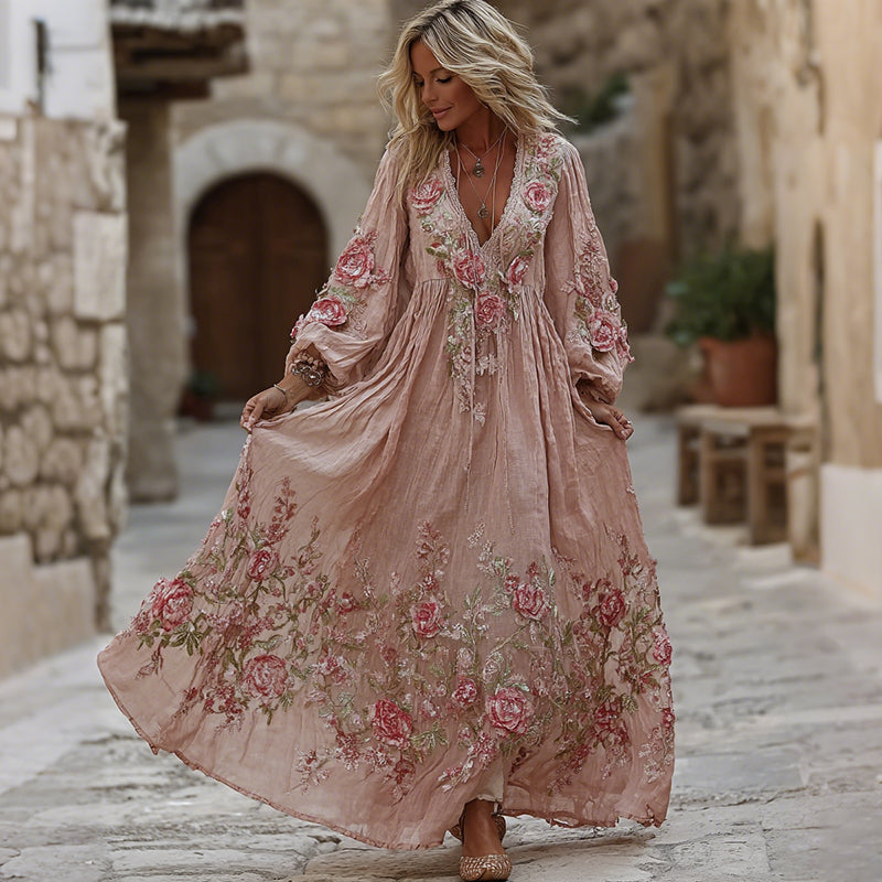 Women's Bohemian Pink Floral Embroidered Art V-neck Long Sleeve Midi Dress elevenforest