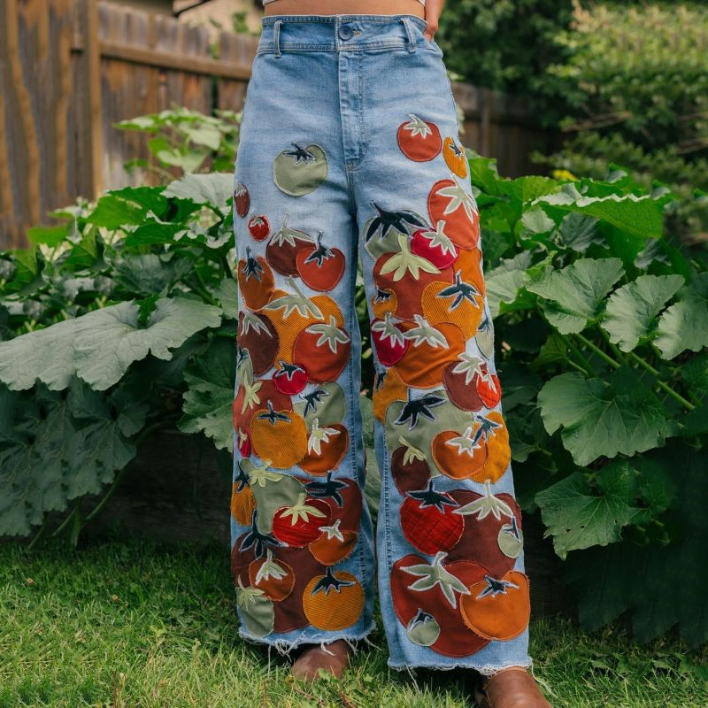Boho Fruit Patchwork Art Button High Waist Wide Leg Jeans elevenforest
