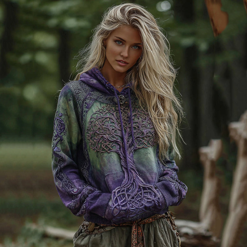 Women's Classic Viking Tree Of Life With Celtic Knot Art Gradient Comfort Hoodie elevenforest