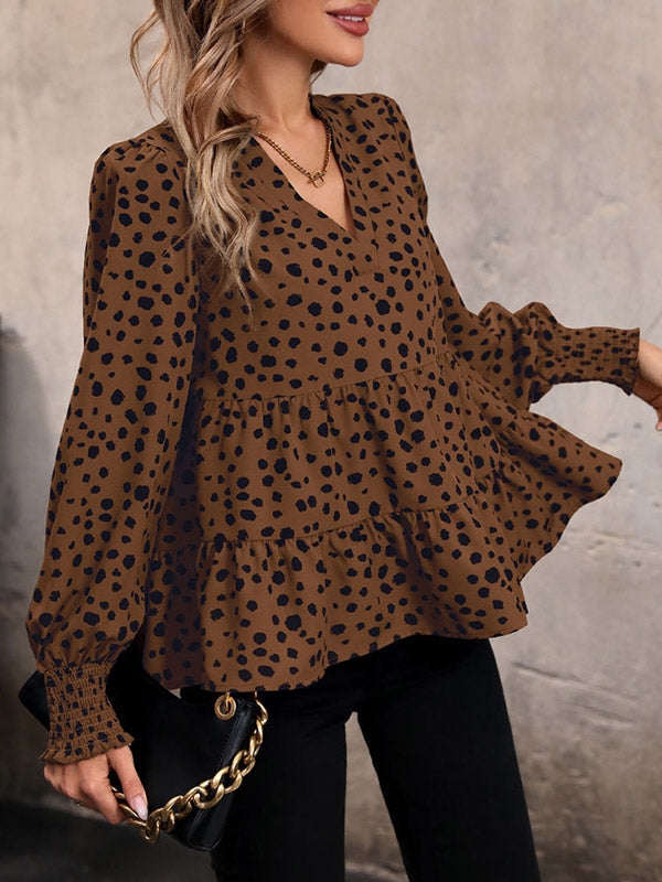 Long Sleeves Loose Elasticity Polka-dot Split-joint V-neck Blouses&shirts Tops