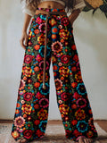 Comstylish Colorful Mexican Floral Embroidered Linen Blend Casual Pants