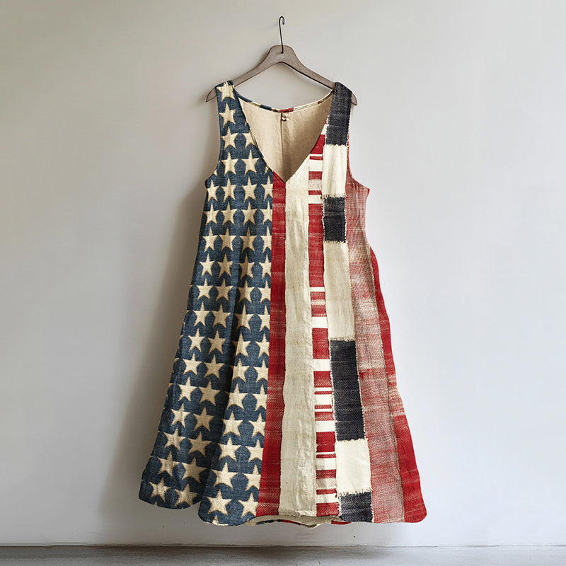Women's Vintage Independence Day Flag And Floral Print Comfort Dress elevenforest