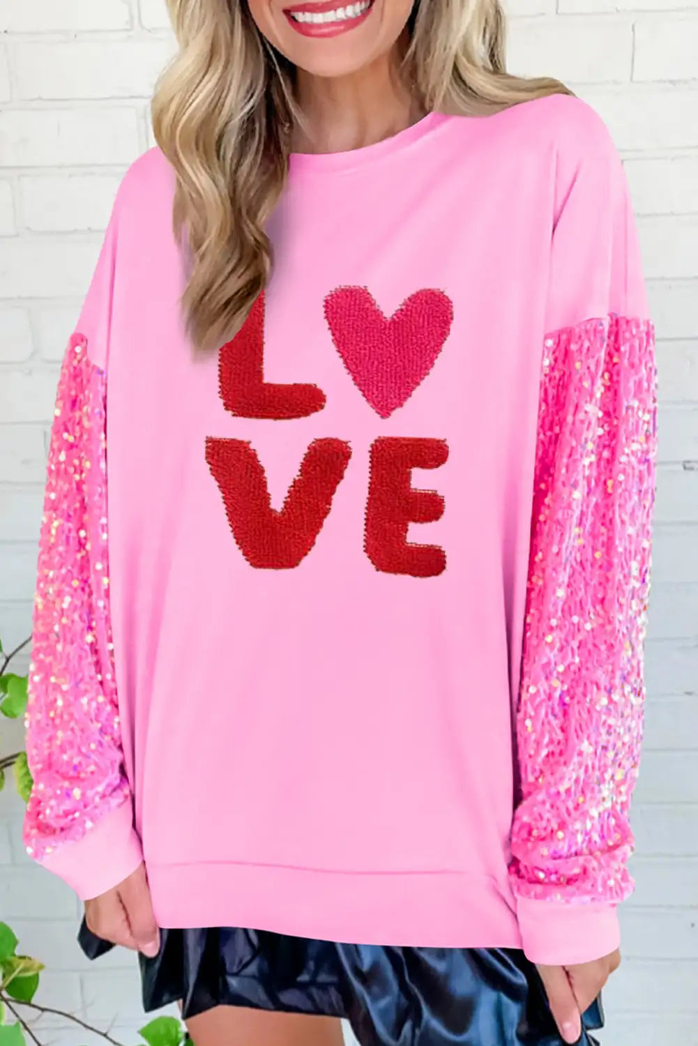 Chenille Love Sequin Sleeve Sweatshirt Pink