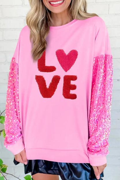 Chenille Love Sequin Sleeve Sweatshirt Pink