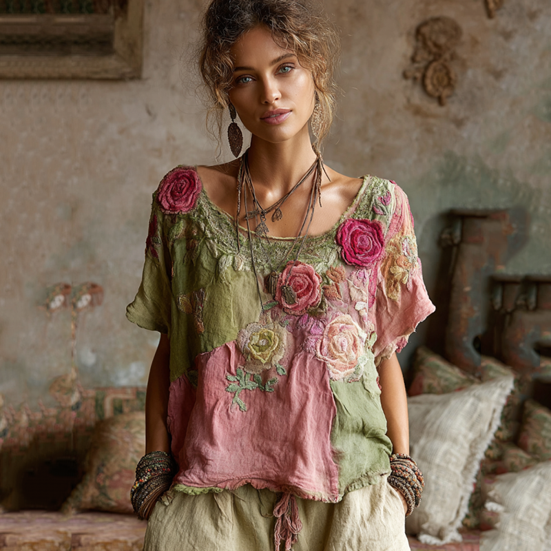 Vintage Pink Roses Patchwork Art Linen Tunic elevenforest