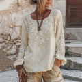 Women's Vintage Floral Lace Embroidered Linen Crew Neck T-shirt elevenforest
