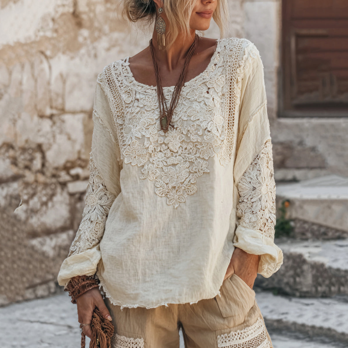 Women's Vintage Floral Lace Embroidered Linen Crew Neck T-shirt elevenforest