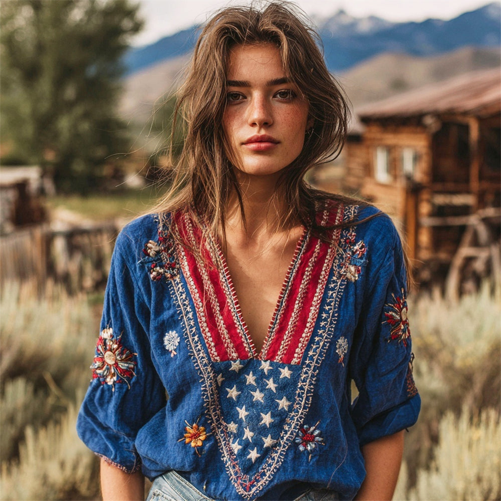 Independence Day Vintage Boho Floral Embroidery Women's V-neck Linen Shirt elevenforest