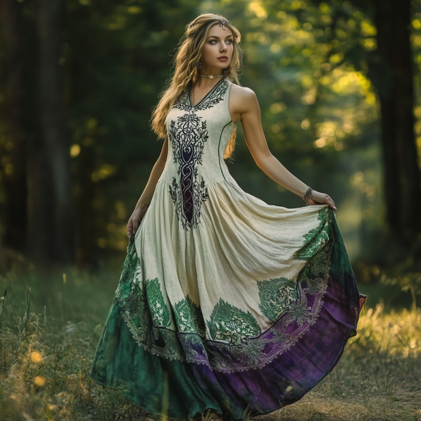 Vintage Viking Tribal Celtic Knot Life Of Tree Lace Patchwork Art Linen Tank Dress elevenforest