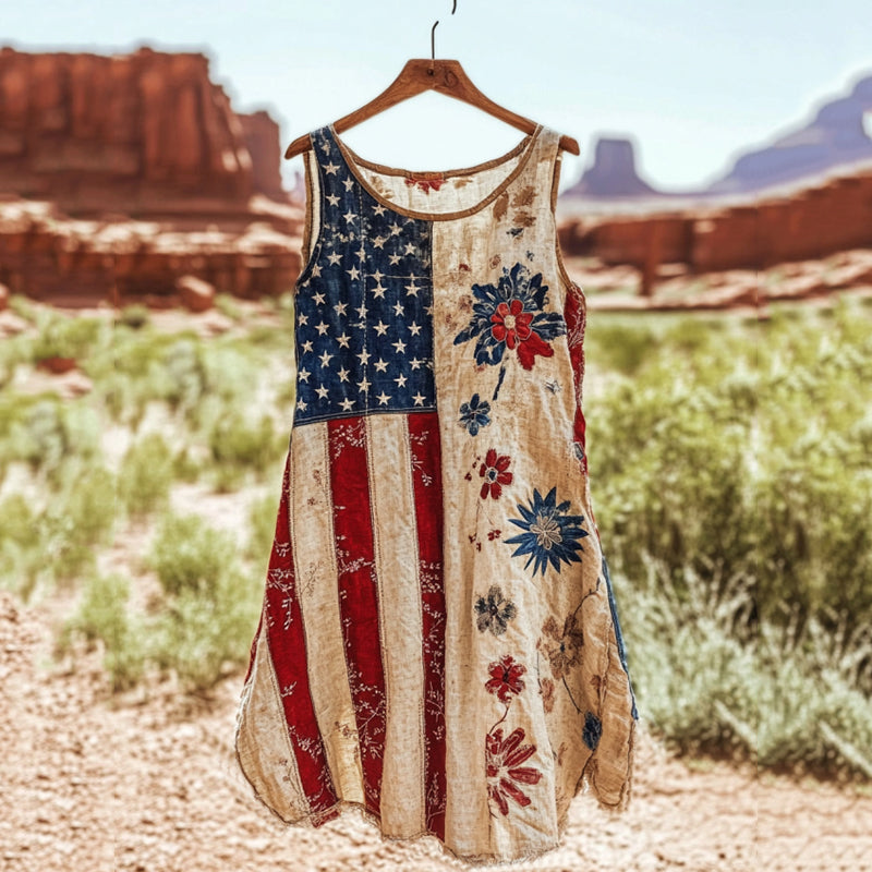 Vintage Independence Day American Flag Patch Floral Art Linen Tank Dress elevenforest