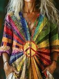 Women's Hippie Peace Rainbow Art Pattern Print Casual Cotton Linen Shi