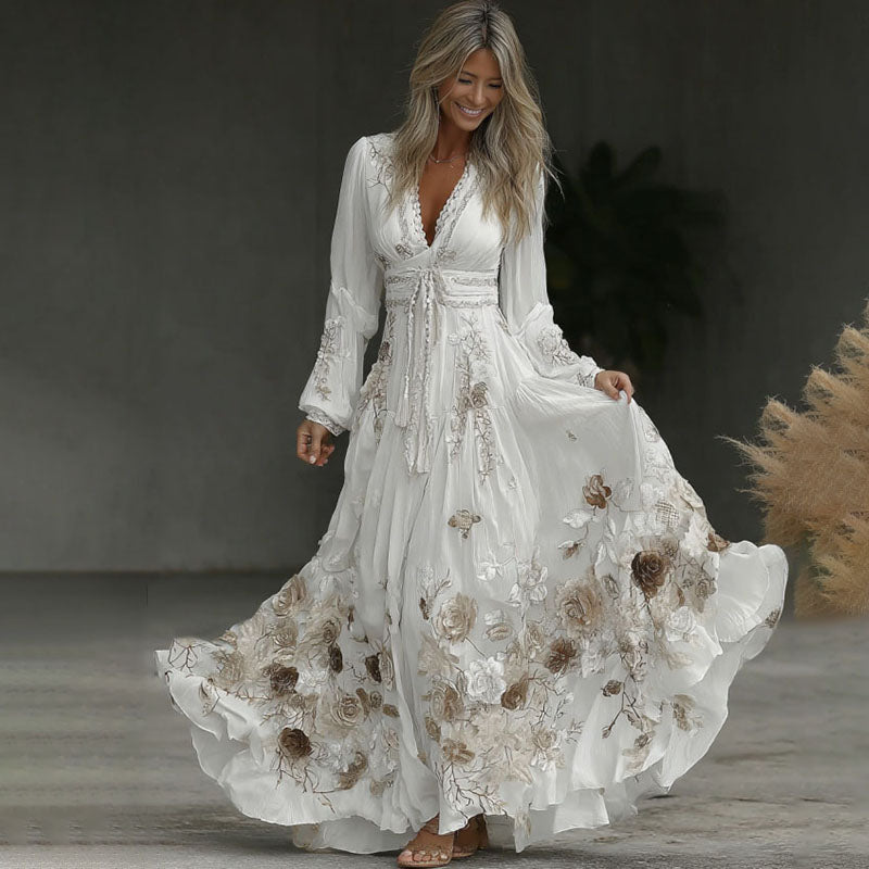 Women's Vintage Floral Pattern V Neck Maxi Dress elevenforest