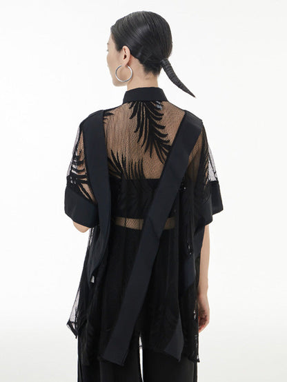 Stylish Loose Half Sleeves Buttoned Mesh Hollow See-through Blouses&shirts Tops