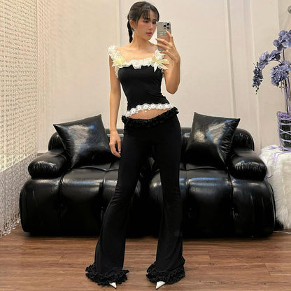 Taruxy Ruffled Lace High Elasticity Trousers for New Slim Fit Low-waist Navel-baring Summer Hot Girl Patchwork Pants