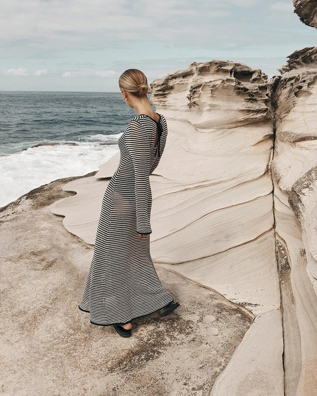 Mesh Striped Beach Vacation Maxi Dress Hollow Out Cutout Blouse Summer