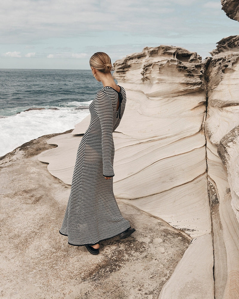 Mesh Striped Beach Vacation Maxi Dress Hollow Out Cutout Blouse Summer