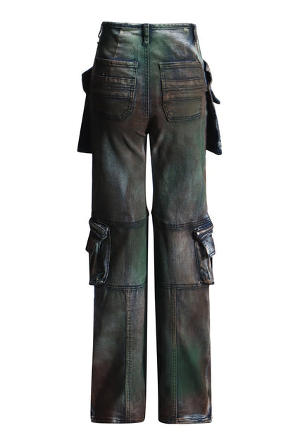 Patchwork Pocket High Waist Straight Denim Jeans