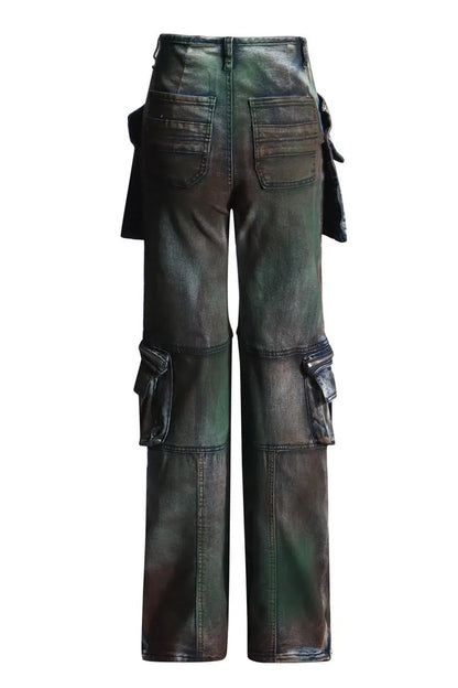 Patchwork Pocket High Waist Straight Denim Jeans