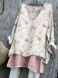 Comstylish Vintage Cottagecore Pink Floral Linen Tunic