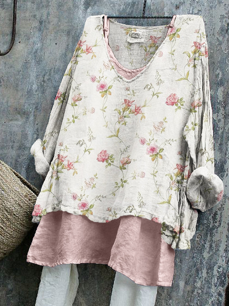 Vintage Cottagecore Pink Floral Linen Tunic elevenforest