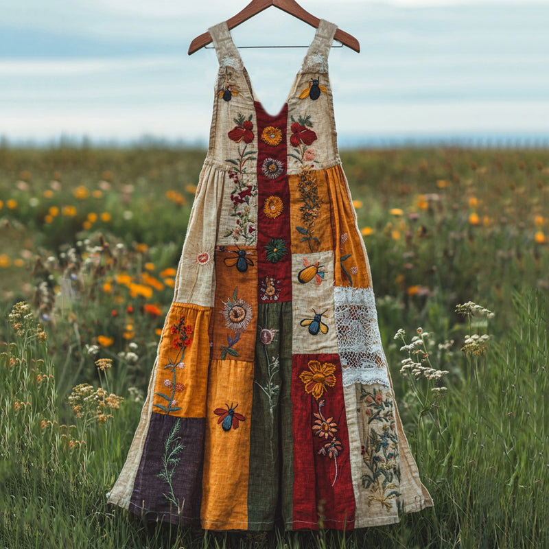 Insect Wildflower Floral Embroidery Art Linen Tank Dress elevenforest