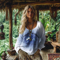 Retro Bohemian Gulf Of Mexico In Gradient Print Cotton And Linen Blend Loose Blouse elevenforest