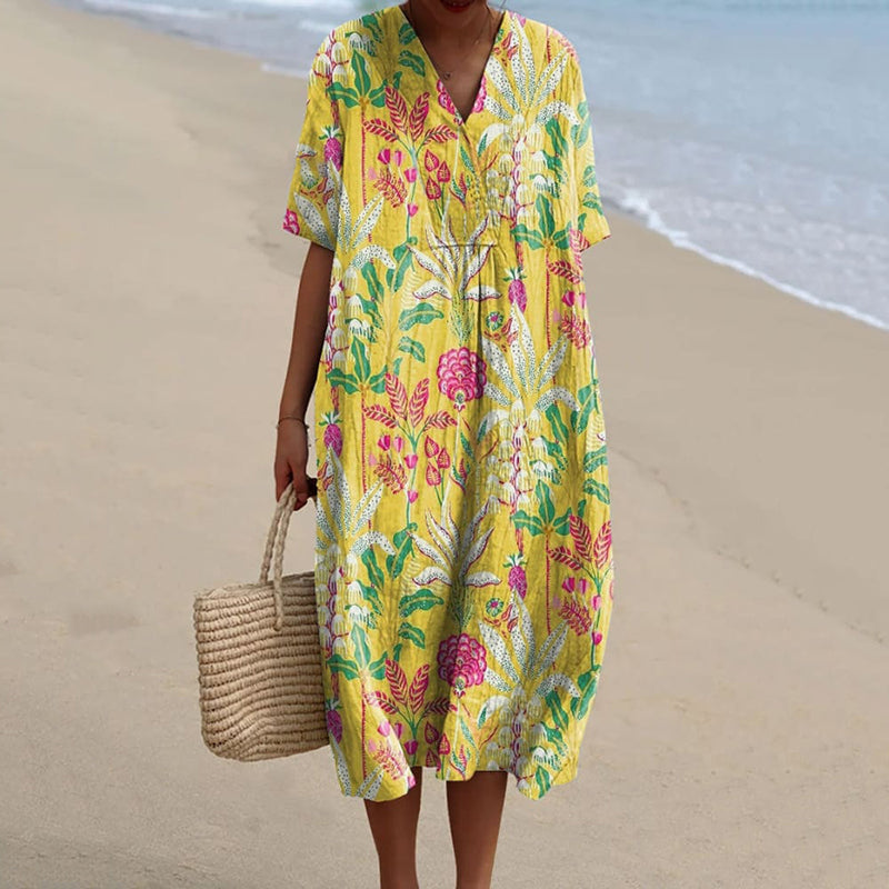 Women's Floral Print V-neck Casual Flowy Midi Dress elevenforest